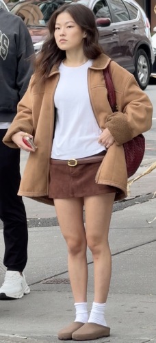 mini skirt with a crisp white t-shirt and a light oversized suede coat