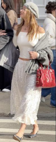 fitted off-the-shoulder top and shimmering kitten heels