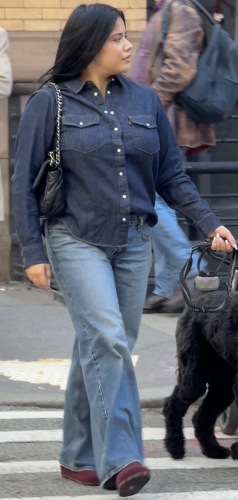 denim button-up and coordinating jeans