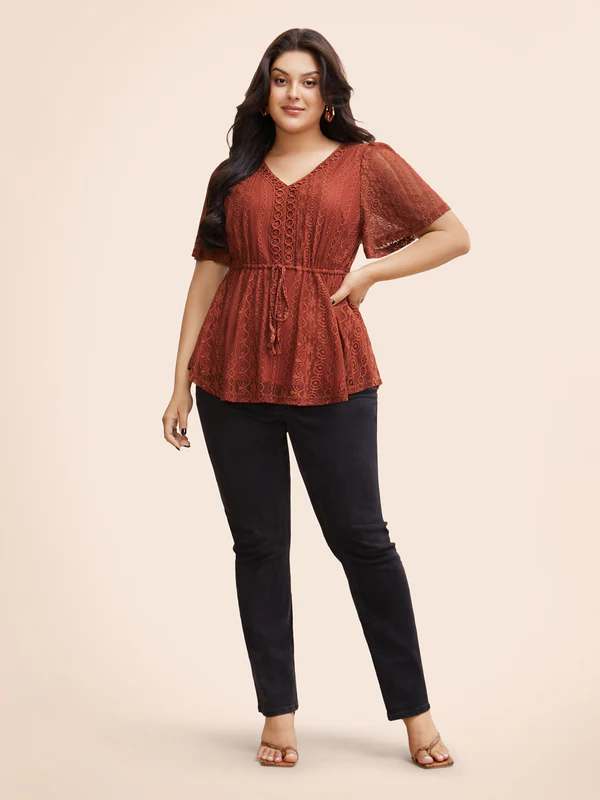 BLOOMCHIC V Neck Lace Panel Drawstring Blouse